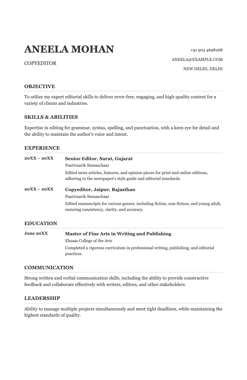 Resume chronological - Professional resume template with clean layout, chronological work history, and serif typography for job seekers.
